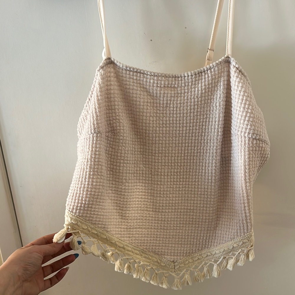 SHEIN Beige Waffle Knit Tassel Camisole